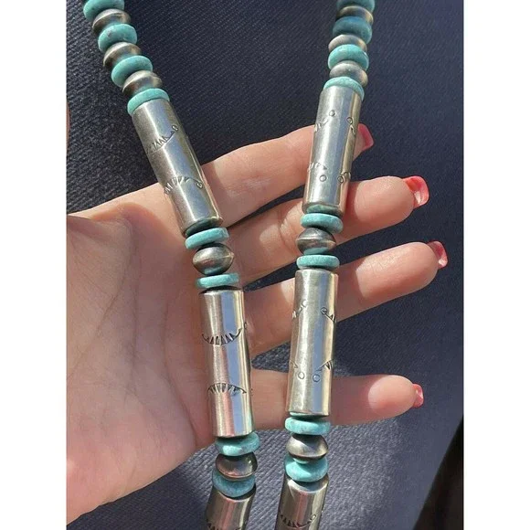 Navajo Sterling Silver Turquoise Handmade Beaded Necklace & Earrings Set - Picture 4 of 8